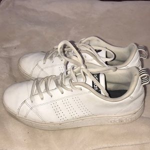 White Adidas Shoes with Black Stripes